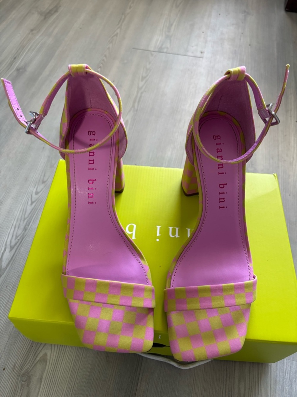 Gianni Bini Pink and Yellow Checkered Ankle-Strap Block Heels